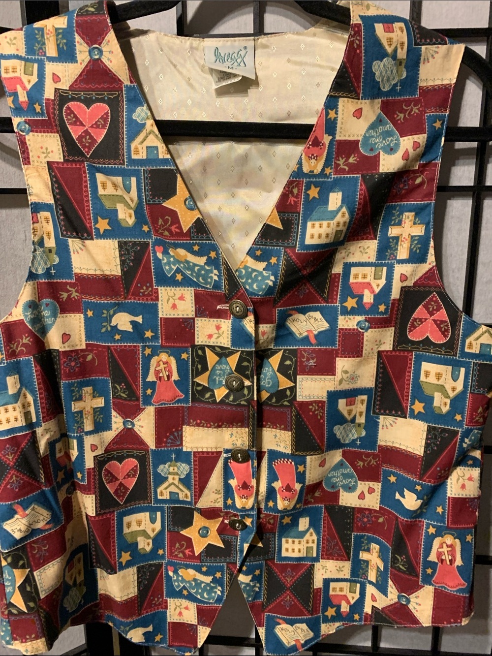 Gregg Patchwork Print Vest in Red, Blue & Cream Size M